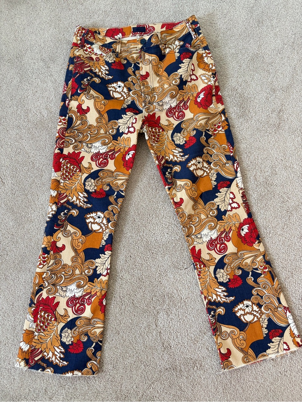 MOTHER Floral Scroll Boot-Cut Jeans in Navy, Mustard & Red
